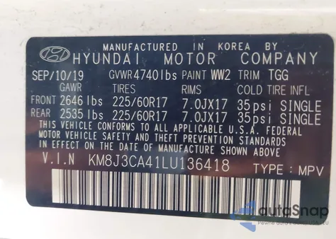 2020 Hyundai Tucson Value из США, поврежденный, VIN KM8J3CA41LU136418